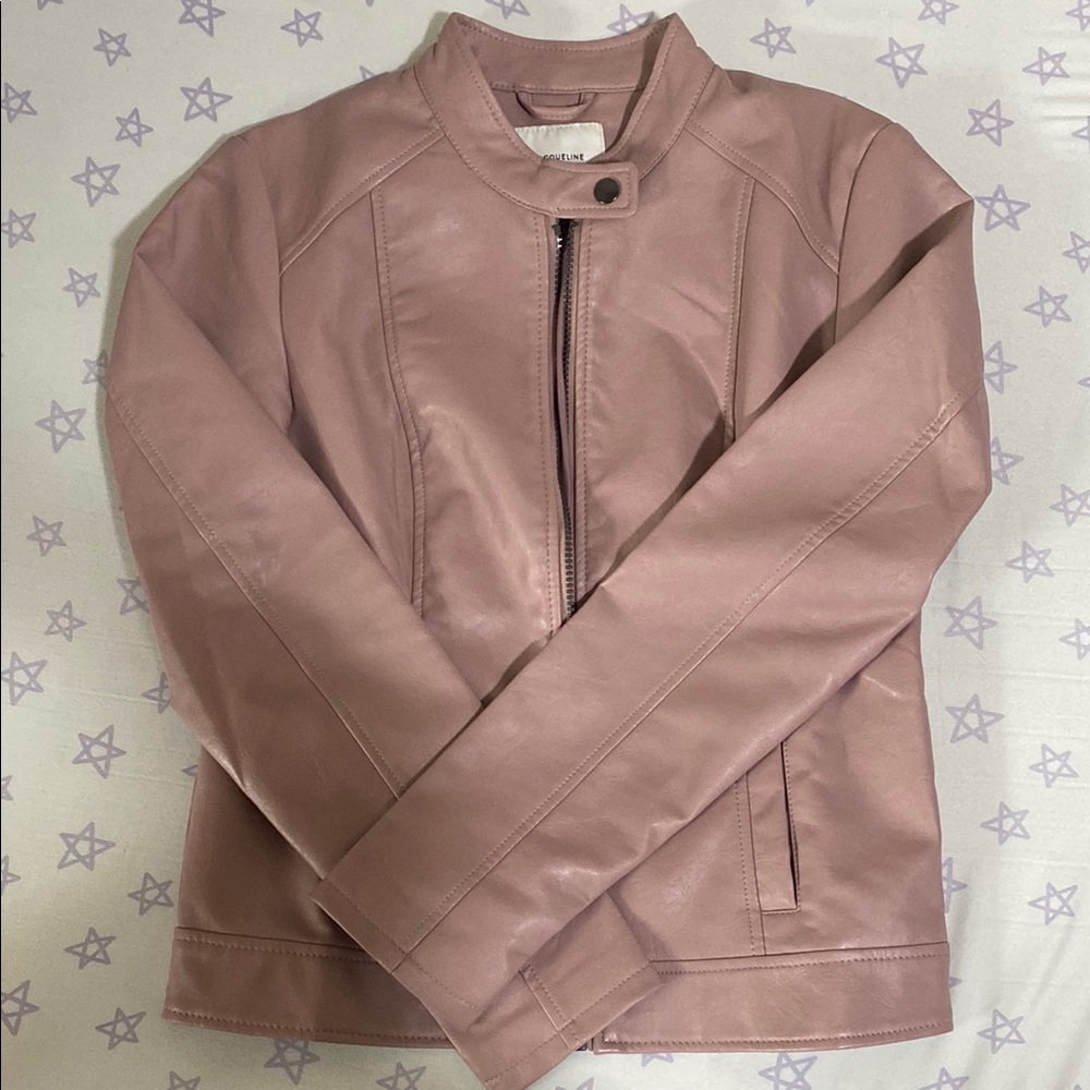 Pink Cropped Leather Jacket with Stand-Up Collar